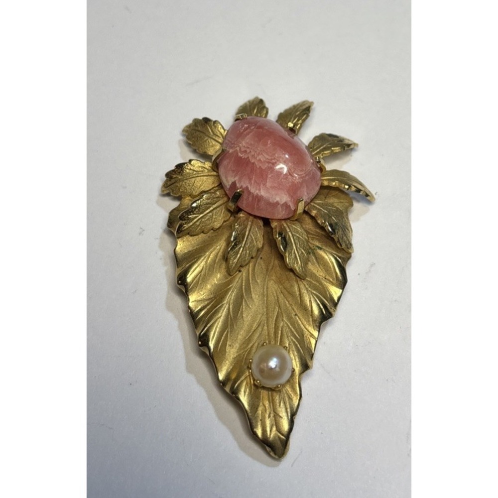 Vintage Rhodochrosite Faux Pearl Gold Tone Leaf Brooch Pin Statement 2"